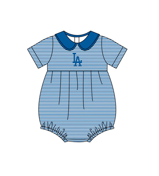 (Custom  Preorder MOQ 5) Baby Girls Short Sleeve Blue Stripe LA Team Ruffle Rompers