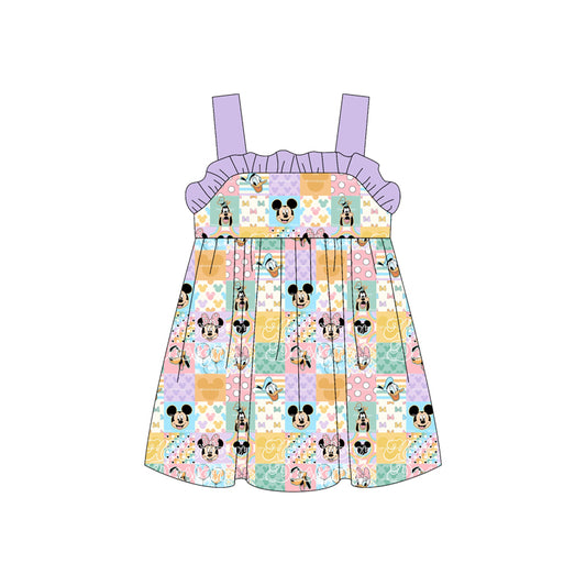 (Custom Design Preorder MOQ 5)  Colorful Plaid Cartoon Mouse Print Girls Summer Strap Dress