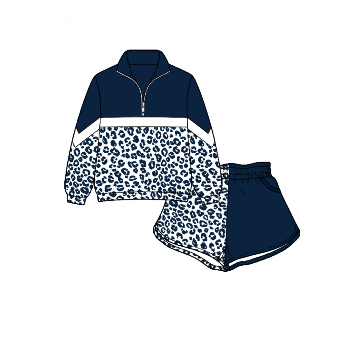 (Custom Design Preorder MOQ 5) Teams Navy Leopard Zipper Pullover Top Split Shorts Girls Kids Clothes Set