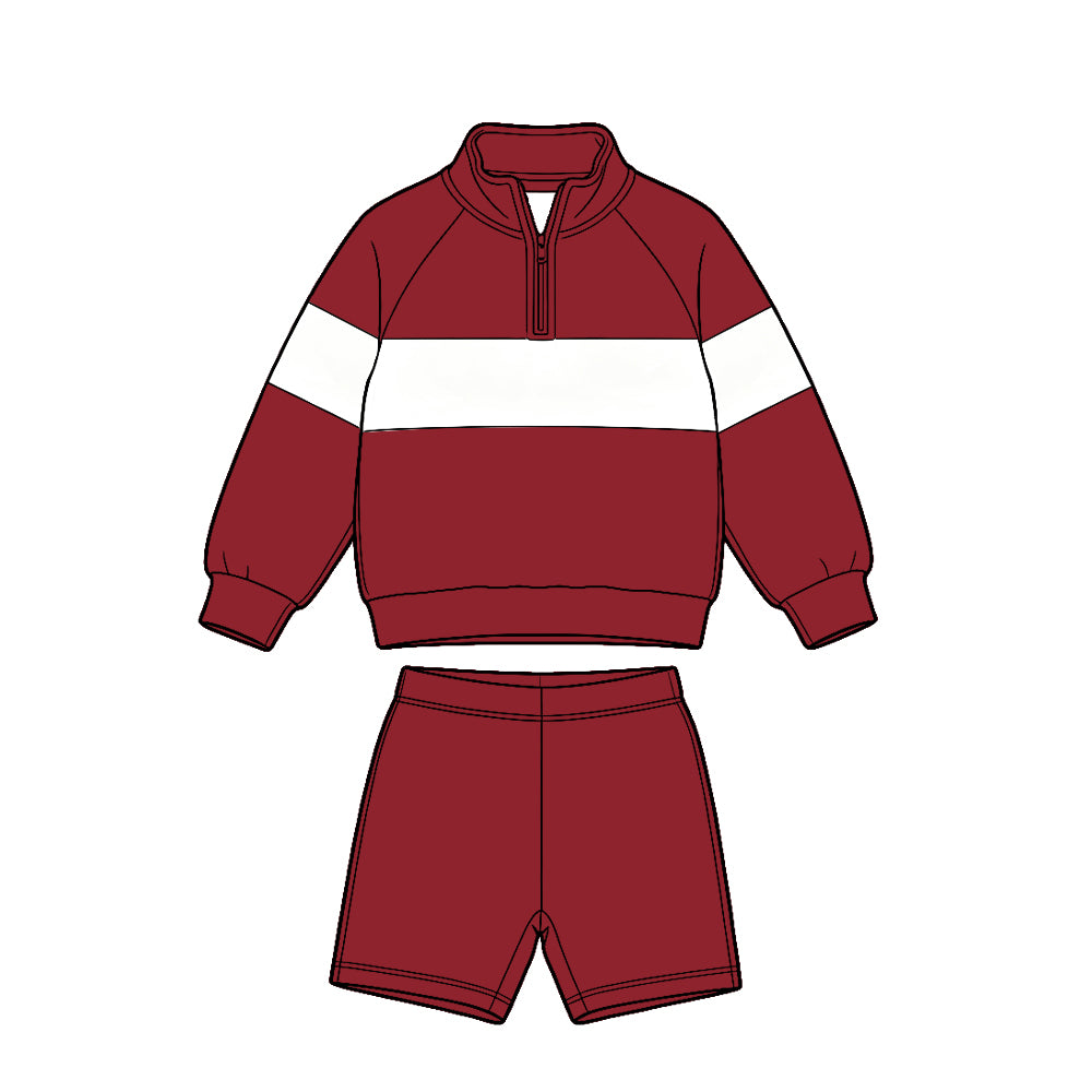 (Custom Design Preorder MOQ 5 Each)Solid Color Block Half Zip Sweatshirt and Pockets Shorts Matching Set for Toddler Boys & Girls -Sibling Wear