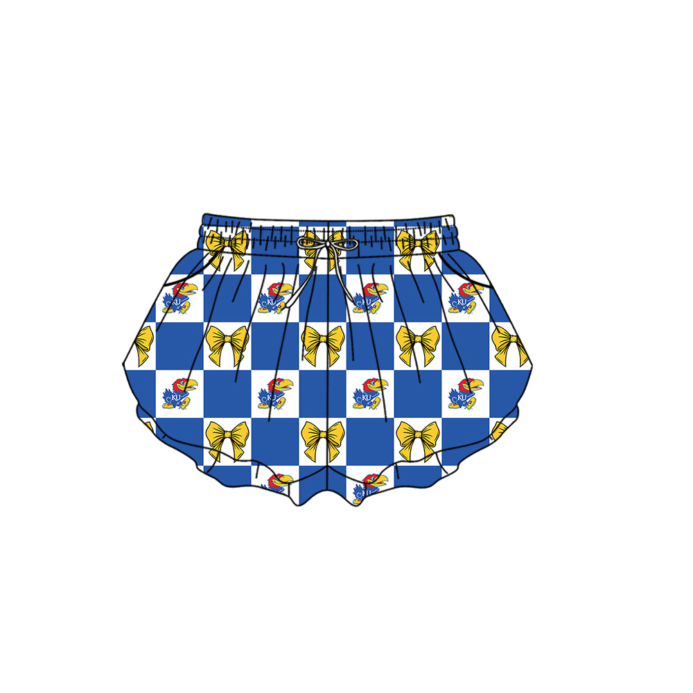(Custom Design Preorder MOQ 5 Each Item) Teams Kansas Jayhawks Bows Blue Plaid Print Kids Clothes Sibling & Family Matching Styles