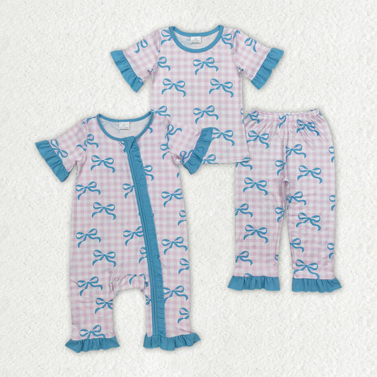 Sibling Baby Girls Pink Checkered Bows Rompers Pajamas Sets