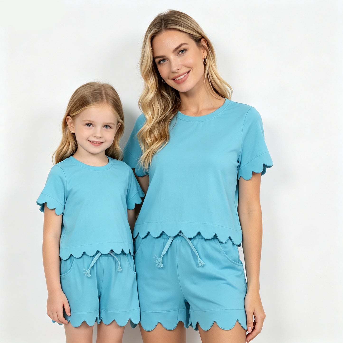 Mommy and Me Blue Scallop Outfits, Short Sleeve Two Piece Set for Mother Daughter