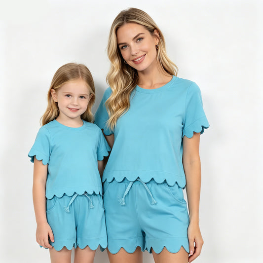 Mommy and Me Blue Scallop Outfits, Short Sleeve Two Piece Set for Mother Daughter