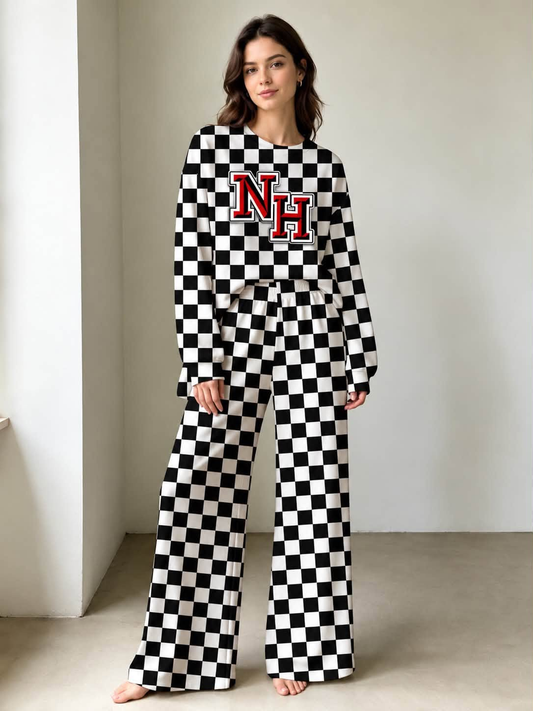 Preorder (5 MOQ) NH Black Checked Long Sleeve Top Logo Pockets Pants Girls & Woman Clothes Set
