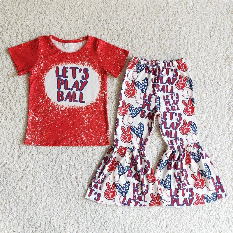 B0-12 Let's Play Ball Red Top Baseball Bell Pants Girls Clothes Set