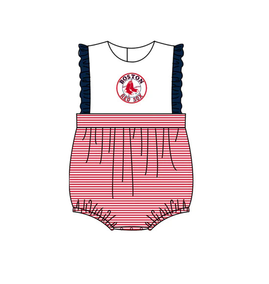 (Custom  Preorder MOQ 5) Baby Girls Sleeveless Boston Red Sox Team Ruffle Rompers