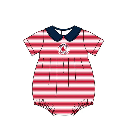 (Custom  Preorder MOQ 5) Baby Girls Short Sleeve Boston Red Sox Team Ruffle Rompers