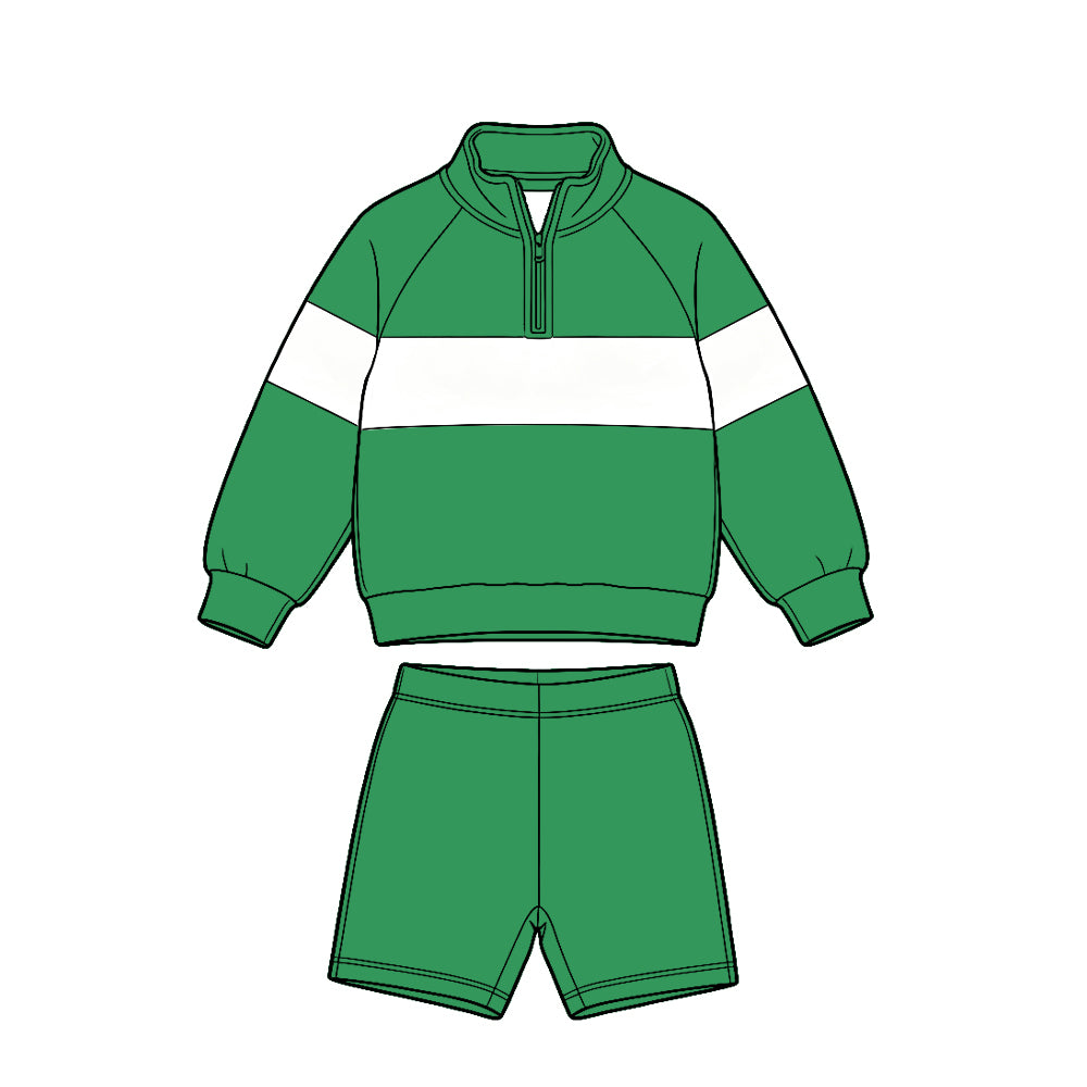 (Custom Design Preorder MOQ 5 Each)Solid Color Block Half Zip Sweatshirt and Pockets Shorts Matching Set for Toddler Boys & Girls -Sibling Wear