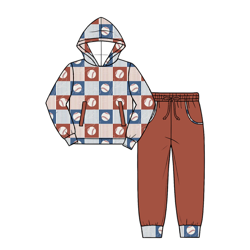 (Custom Design Preorder MOQ 5 Each)Baseball Print Hoodie Top Pockets Pants Boys Fall Clothes Set Brothers Wear