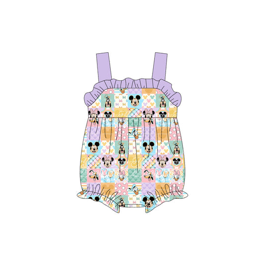 (Custom Design Preorder MOQ 5 ) Colorful Plaid Cartoon Mouse Print Baby Girls Strap Summer Romper