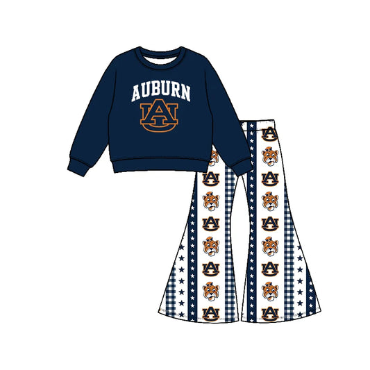 Preorder( 5  MOQ) Baby Girls Sport Team Auburn Long Sleeve Top Bell Bottom Pants Outfit