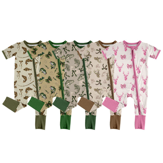 (Custom Design Preorder MOQ 5 ) Fish Deer Camo Print Baby Fall Zipper Sleeper Romper Sibling Wear