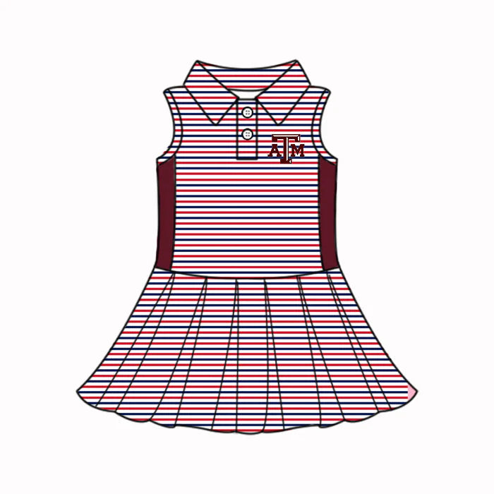 (Custom Design Preorder MOQ 5) Baby Girls Red Stripe A&M Button Team Knee Length Dresses