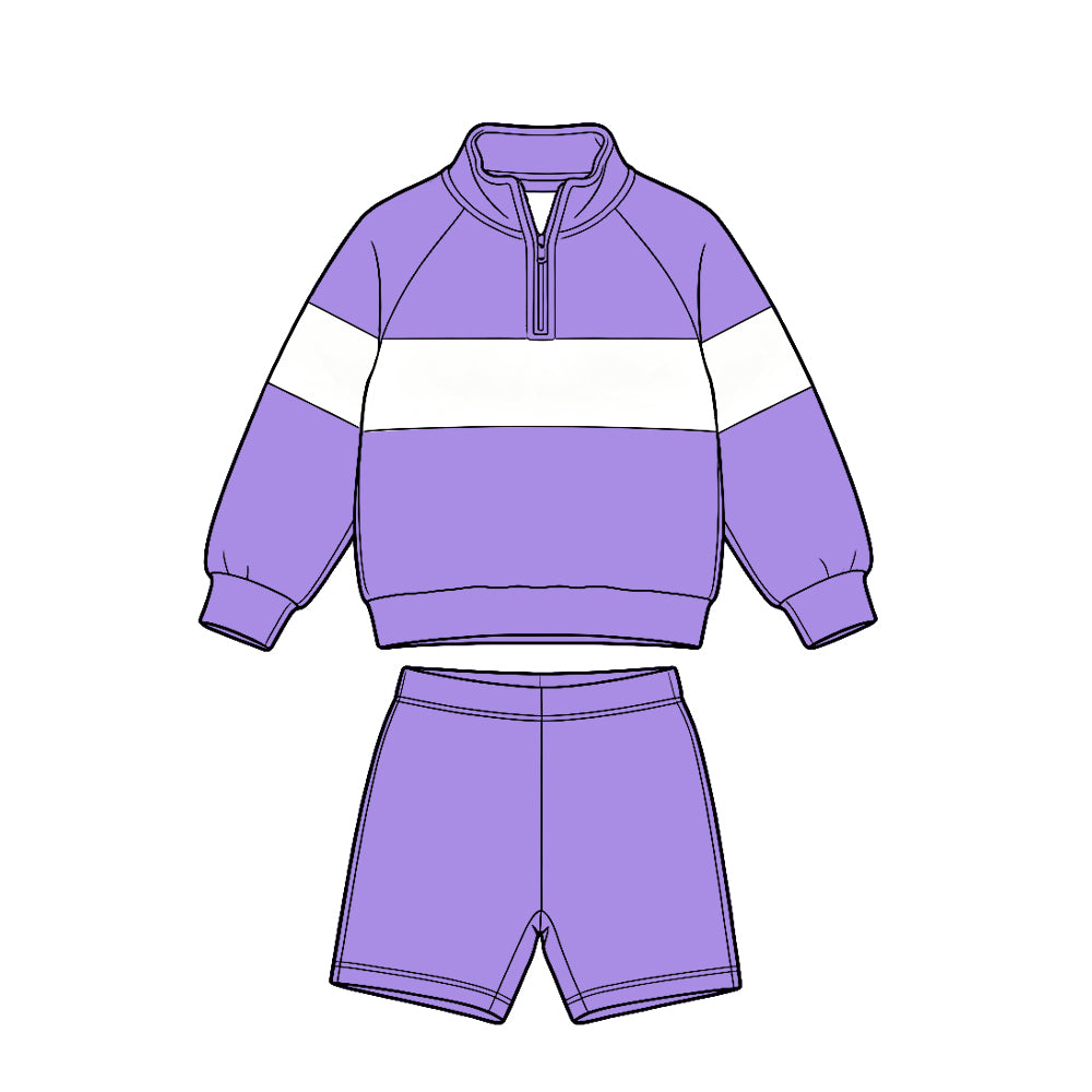 (Custom Design Preorder MOQ 5 Each)Solid Color Block Half Zip Sweatshirt and Pockets Shorts Matching Set for Toddler Boys & Girls -Sibling Wear