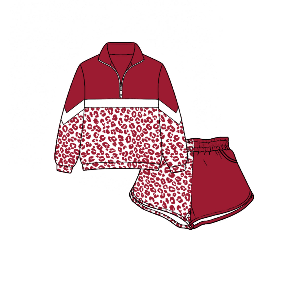 (Custom Design Preorder MOQ 5) Teams Red Leopard Zipper Pullover Top Split Shorts Girls Kids Clothes Set