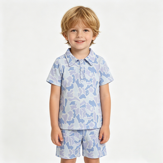 Light Blue Camo Polo Top Pockets Shorts Boys Summer Clothes Set