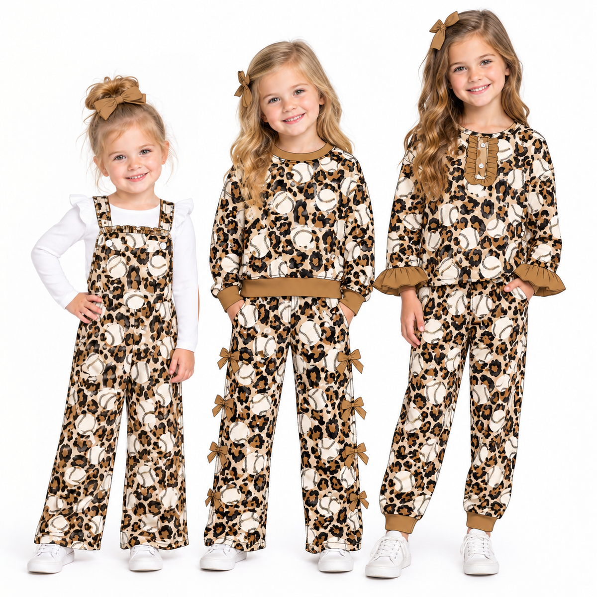 (Custom Design Preorder MOQ 5 Each) Baseball Leopard Print Girls Clothes Set Sisters Wear