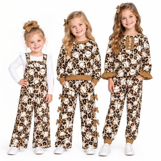 (Custom Design Preorder MOQ 5 Each) Baseball Leopard Print Girls Clothes Set Sisters Wear