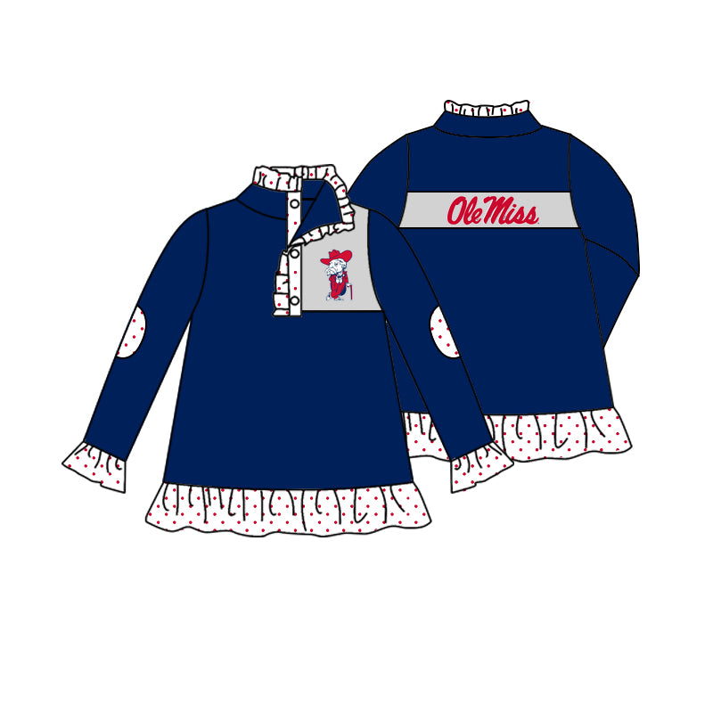 (Custom Design Preorder MOQ 5) Teams Ole Miss Blue Girls Buttons Pullover Top