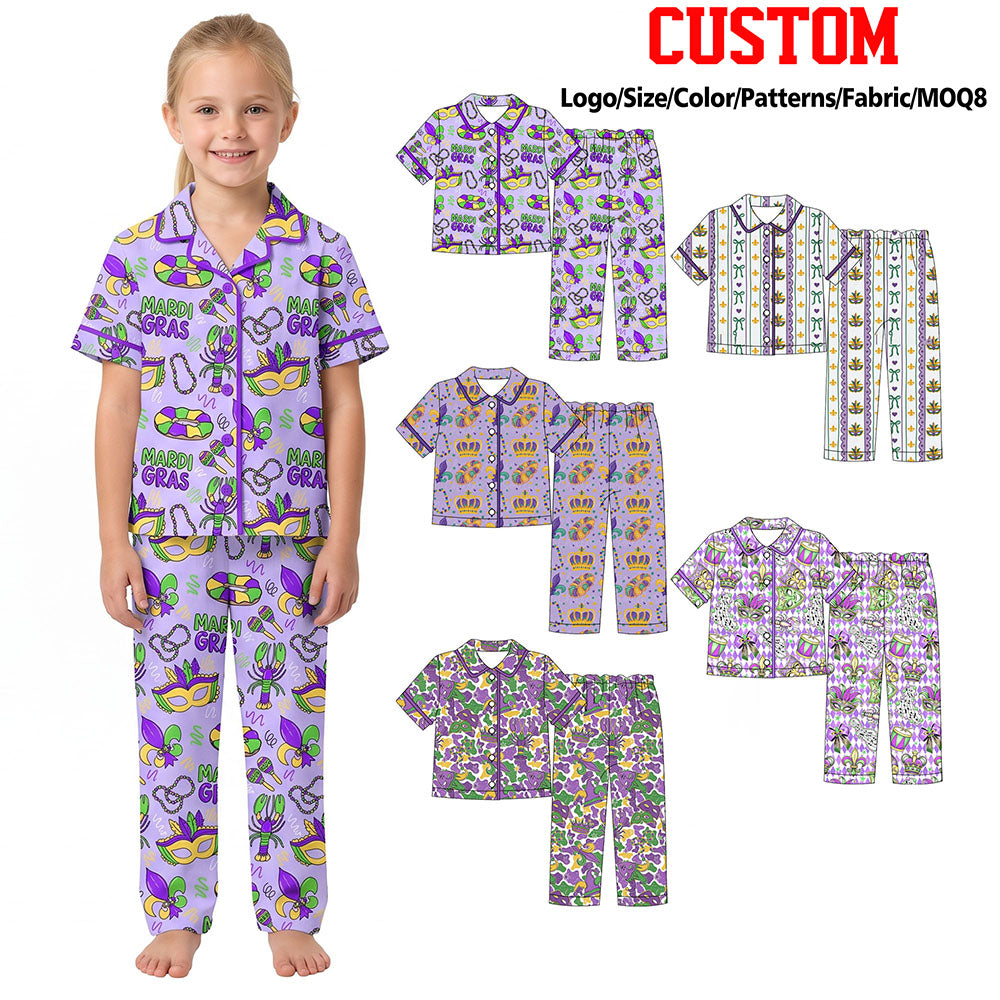 (Custom Design Preorder MOQ 5 Each)Mask Print Girls Mardi Gras Buttons Pajamas Clothes Set Sisters Wear