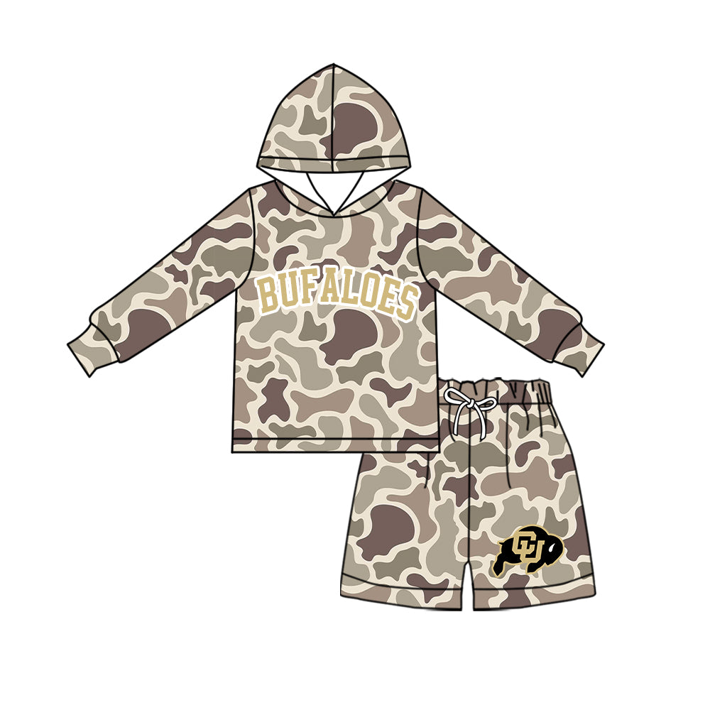 (Custom Design Preorder MOQ 5 ) Kids Boys Bufaloes Camo Hoodie with Shorts Outfit