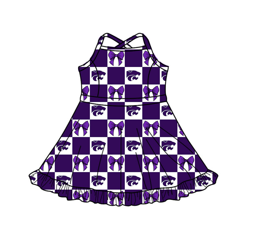 (Custom Design Preorder MOQ 5 Each Item) Teams Kansas State Wildcats Bows Purple Plaid Print Kids Clothes Sibling & Family Matching Styles
