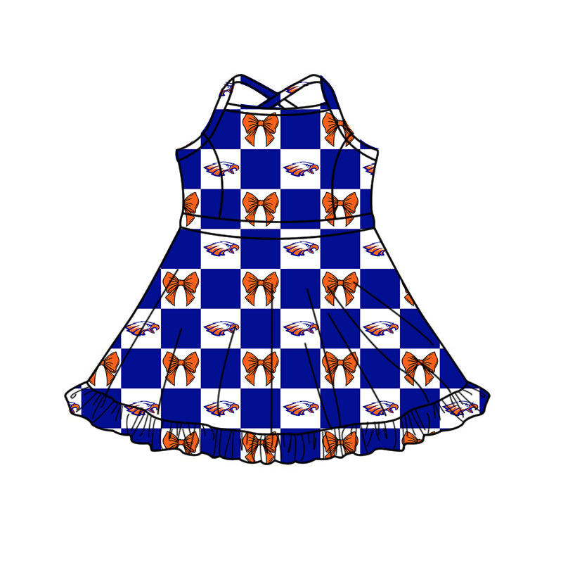 (Custom Design Preorder MOQ 5 Each Item) Teams Denver Broncos Bows Blue Plaid Print Kids Clothes Sibling & Family Matching Styles