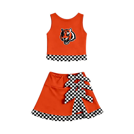 (Custom  Preorder MOQ 5) Sport Team Tigers Vest Bows Ruffle Skirt Team Outfit