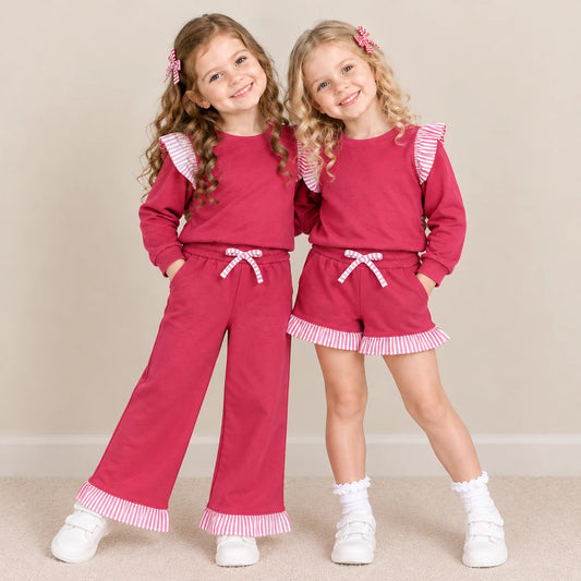 Sibling Kids Girls Hot Pink Long Sleeve Top with Pants and Shorts Outfit