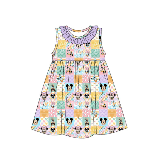 (Custom Design Preorder MOQ 5)  Colorful Plaid Cartoon Mouse Print Girls Summer Sleeveless Dress