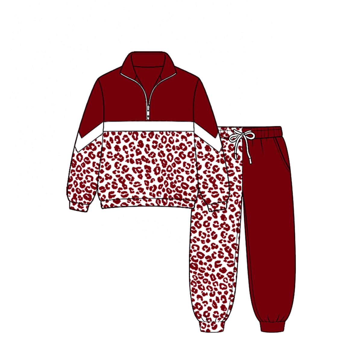 (Custom Design Preorder MOQ 5) Teams Wine Leopard Zipper Pullover Top Split Joggers Pants Girls Kids Fall Clothes Set
