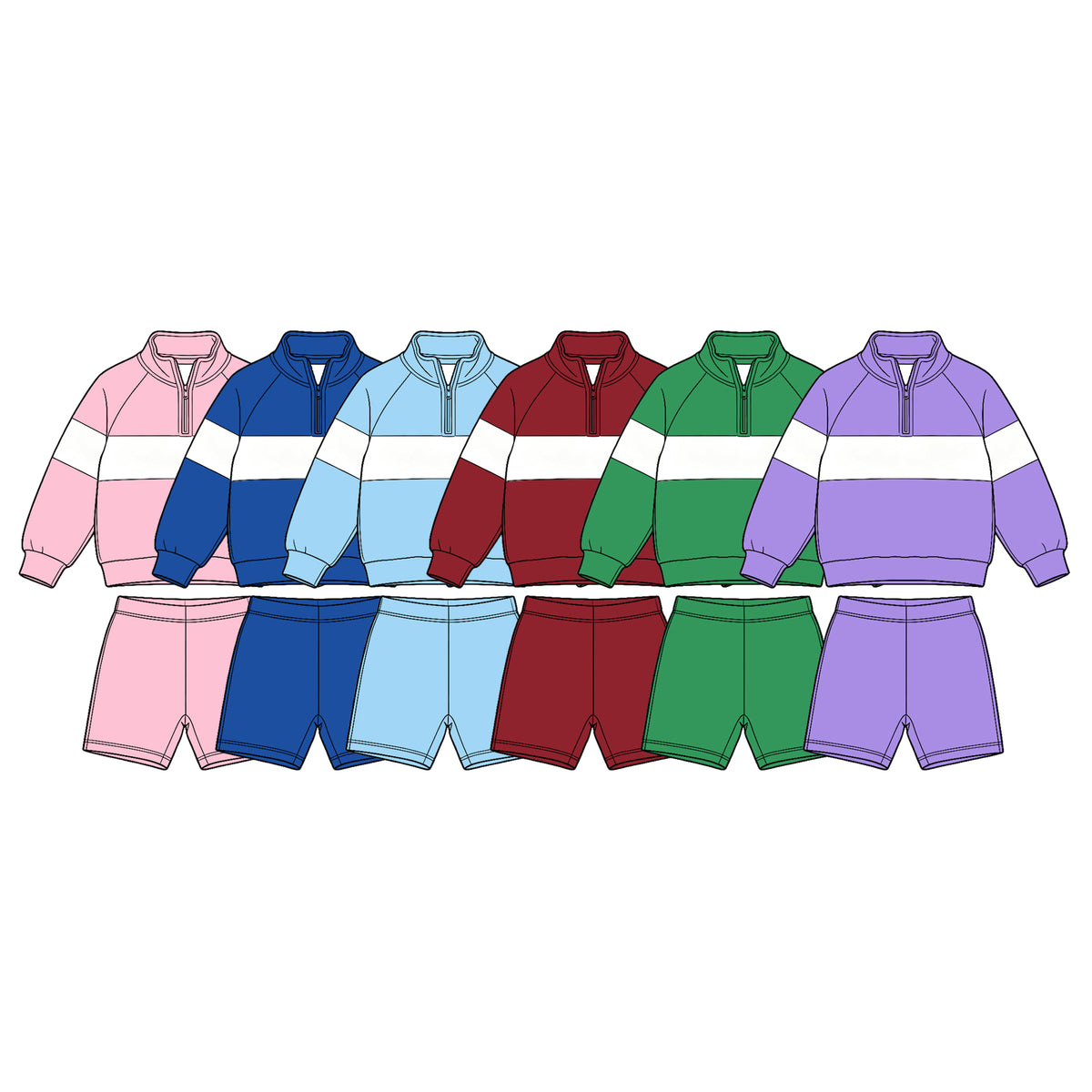 (Custom Design Preorder MOQ 5 Each)Solid Color Block Half Zip Sweatshirt and Pockets Shorts Matching Set for Toddler Boys & Girls -Sibling Wear