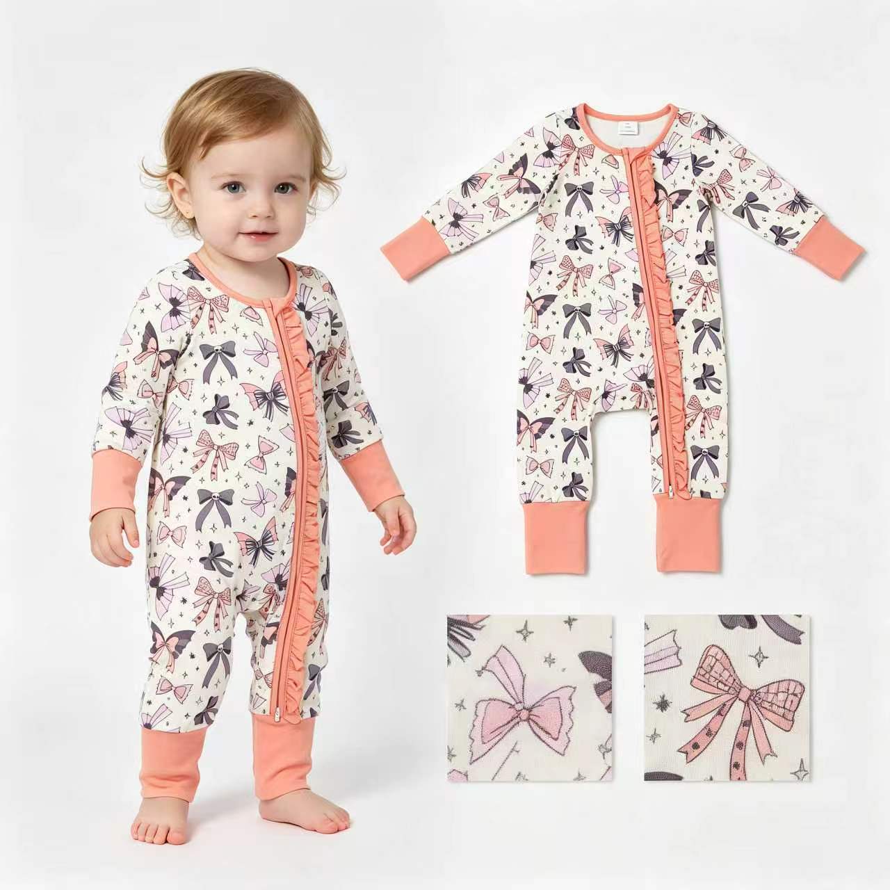 LR3078 Halloween Ghost & Bows Baby Girls Long Sleeve Zipper Sleeper Romper