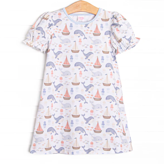 (Custom Design Preorder MOQ 5) Whale Boat Print Girls Summer Dress