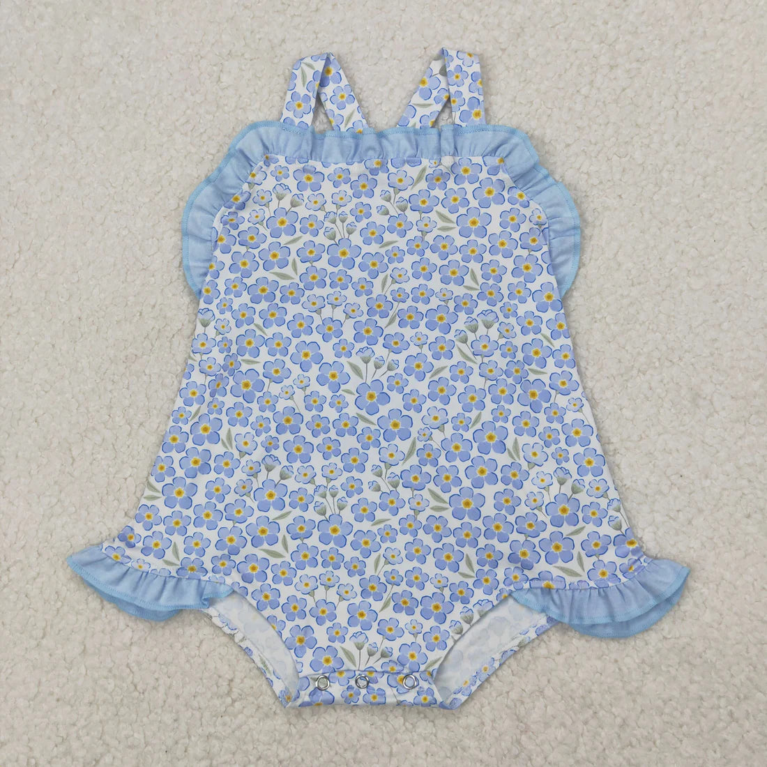 Sibling Baby Girls Blue Flowers Bows Tunic Ruffle Shorts Clothes Sets Rompers