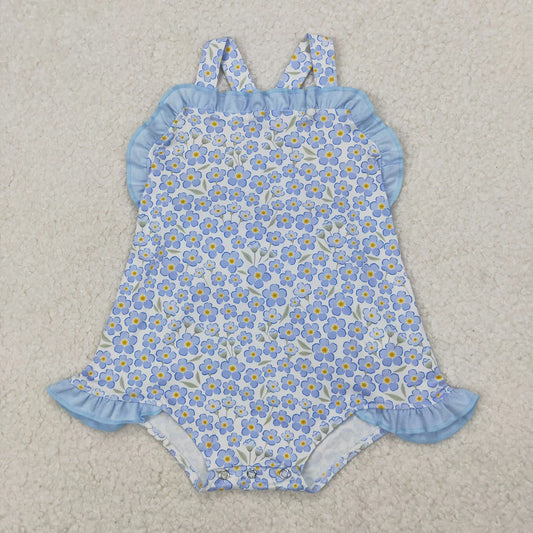 Sibling Baby Girls Blue Flowers Bows Tunic Ruffle Shorts Clothes Sets Rompers