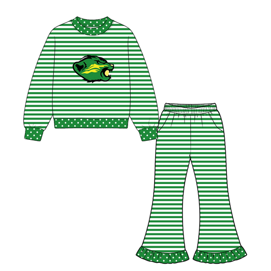 Preorder( 5  MOQ) Baby Girls Sport Team Green Striped Long Sleeve Top Bell Bottom Pantso Outfit