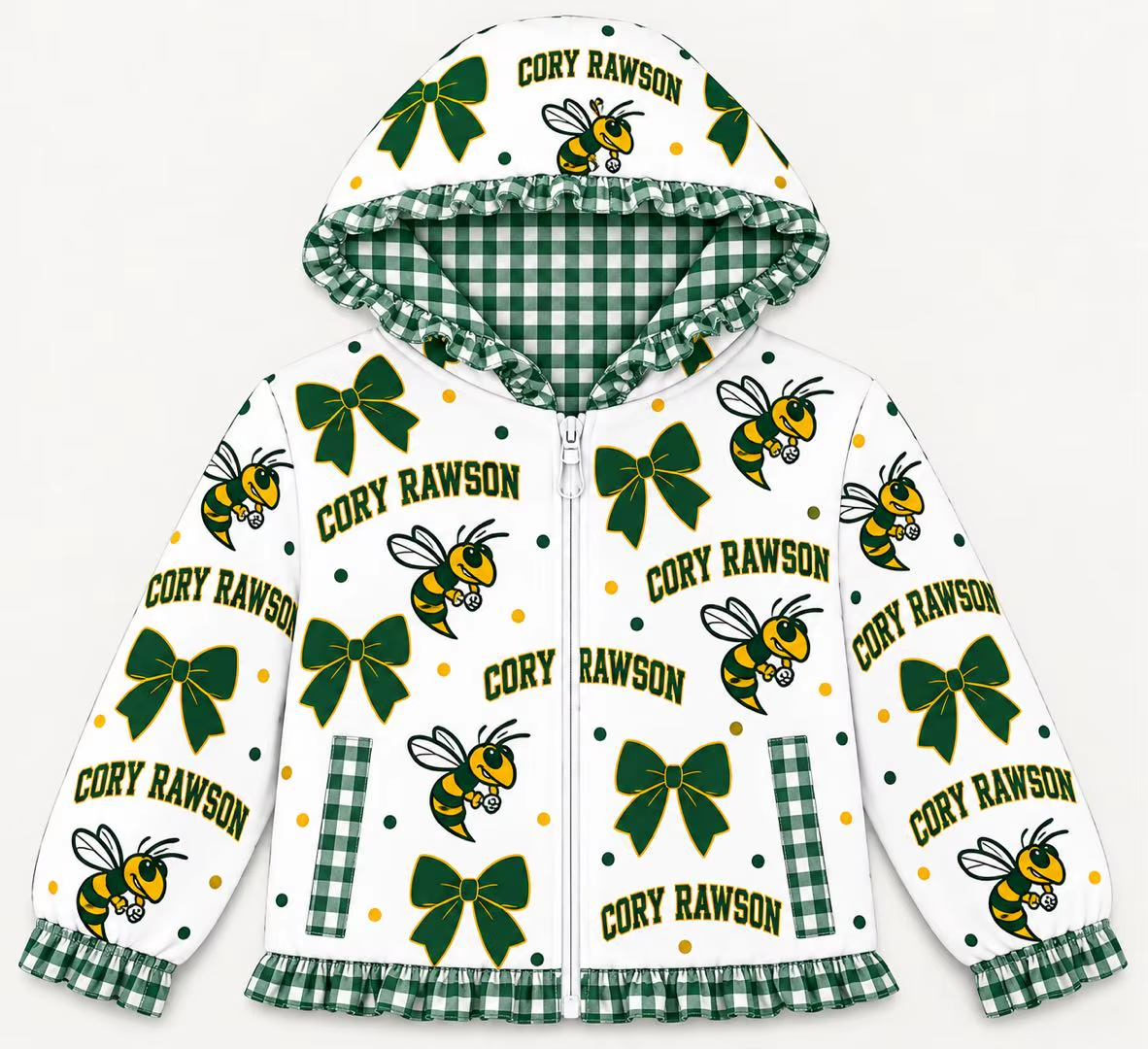 (Custom Design Preorder MOQ 5) Teams  Cory Rawson Bows Stars Print Girls Pockets Zipper Ruffle Hoodie  Jacket Top