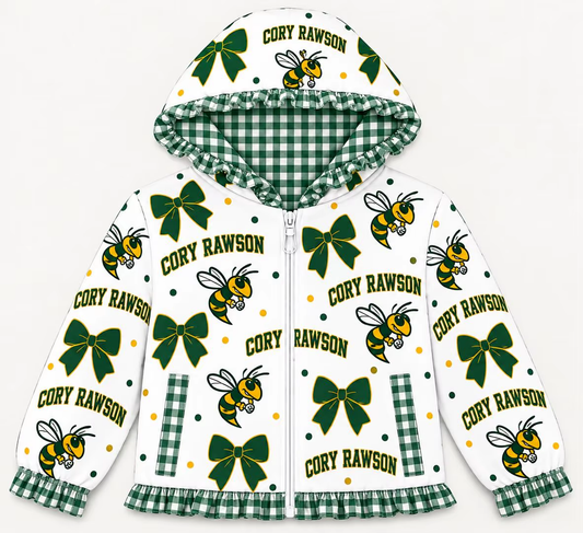 (Custom Design Preorder MOQ 5) Teams  Cory Rawson Bows Stars Print Girls Pockets Zipper Ruffle Hoodie  Jacket Top