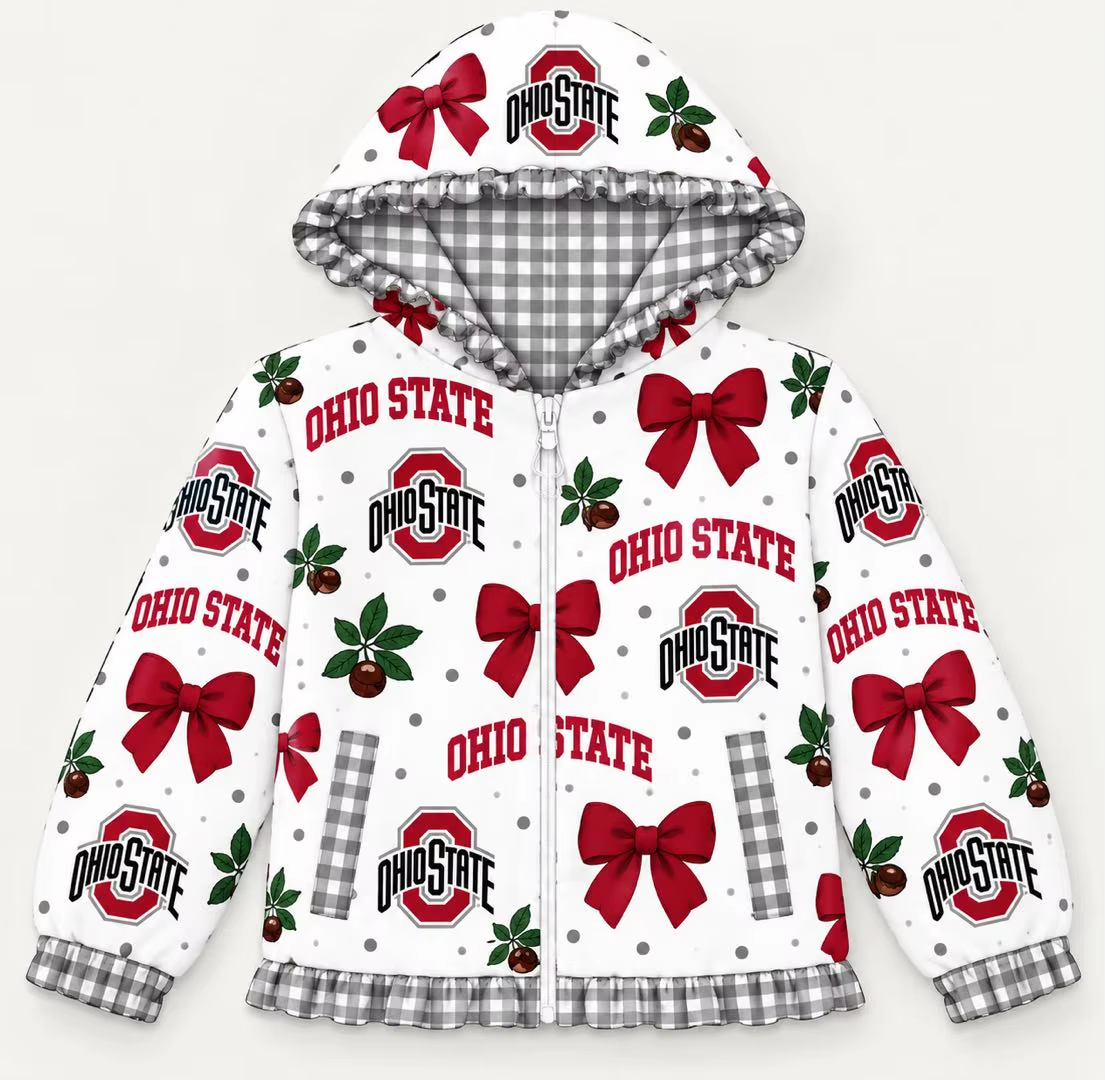 (Custom Design Preorder MOQ 5) Teams Ohio State Bows Stars Print Girls Pockets Zipper Ruffle Hoodie  Jacket