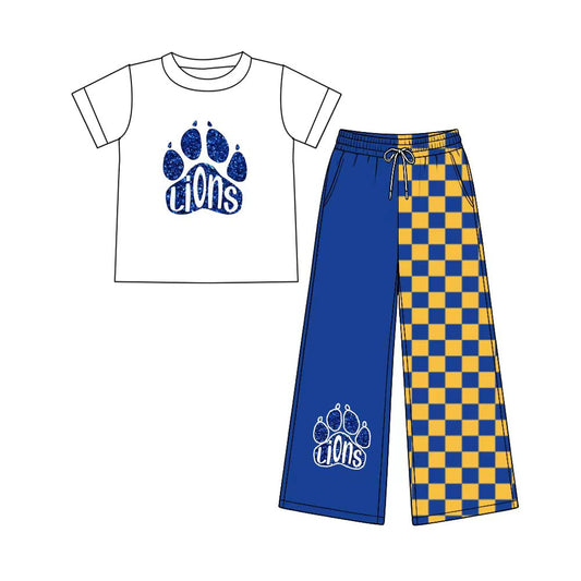 (Custom Design Preorder MOQ 5) Teams Lions White Top Checkered Straight Pants Girls Clothes Set