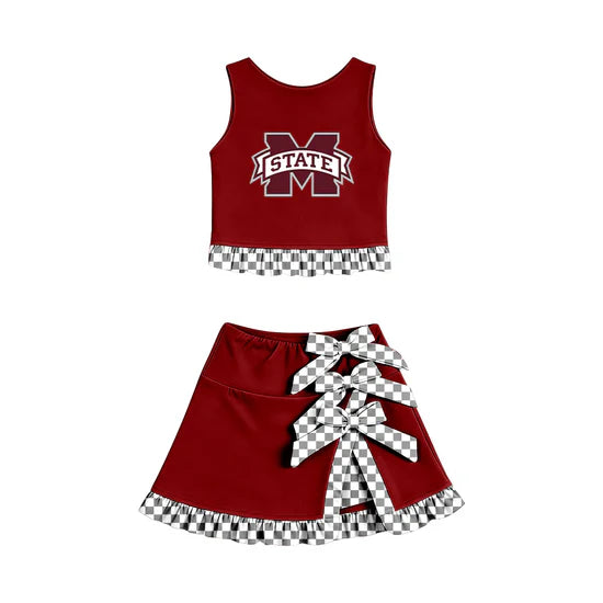 (Custom  Preorder MOQ 5) Baby Girls M State Vest Bows Ruffle Skirt Team Outfit