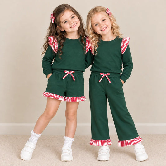 Sibling Kids Girls Green Long Sleeve Top with Pants and Shorts Outfit