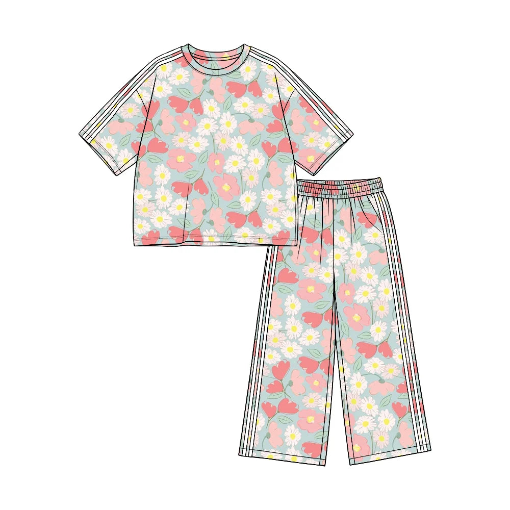 (Custom Design Preorder MOQ 5) Pink Flowers Print Straight Pockets Pants Girls Clothes Set