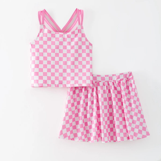 (Custom Design Preorder MOQ 5) Pink Plaid Crop Top Skirts Girls Summer Outfits