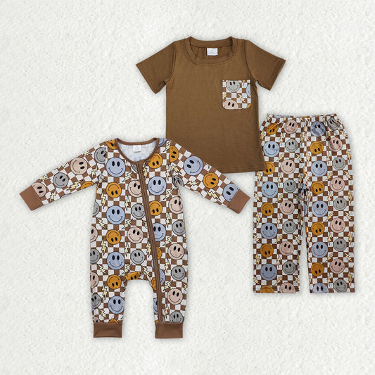 Smiling Plaid Brown Print Boys Styles Brothers Matching Wear