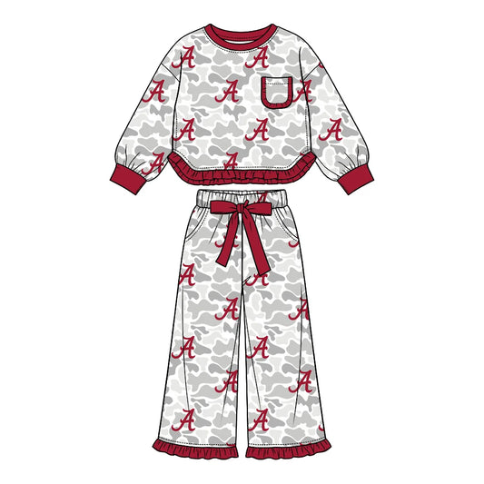 Preorder( 5  MOQ) Baby Girls Sport Team Alabama Camo Long Sleeve Wide Pants Outfit