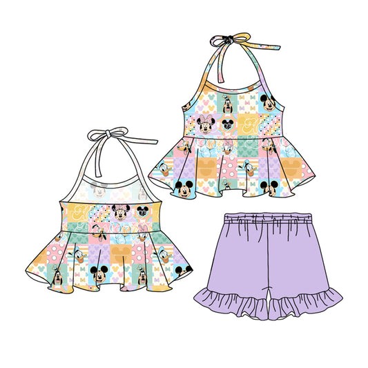 (Custom Design Preorder MOQ 5)  Colorful Plaid Cartoon Mouse Halter Tunic Top Purple Shorts Girls Summer Outfits