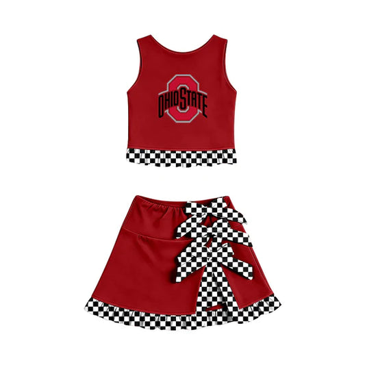 (Custom  Preorder MOQ 5) Baby Girls Ohio State Vest Bows Ruffle Skirt Team Outfit